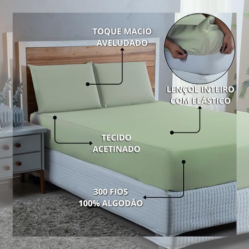 Conjunto Lençol Super King Algodão 300 Fios com Elástico e Fronhas 3 Peças (VERDE)