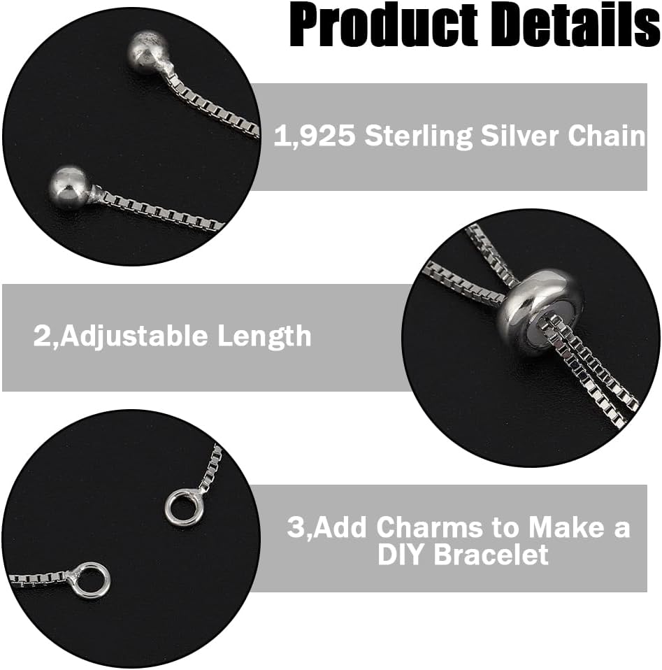 Beebeecraft 2Pcs Bracelet Making Chain 925 Sterling Silver, Slider Adjustable Bracelets Platinum Color Slider Extender Chains for Jewelry Making DIY Findings, Short 2.36in