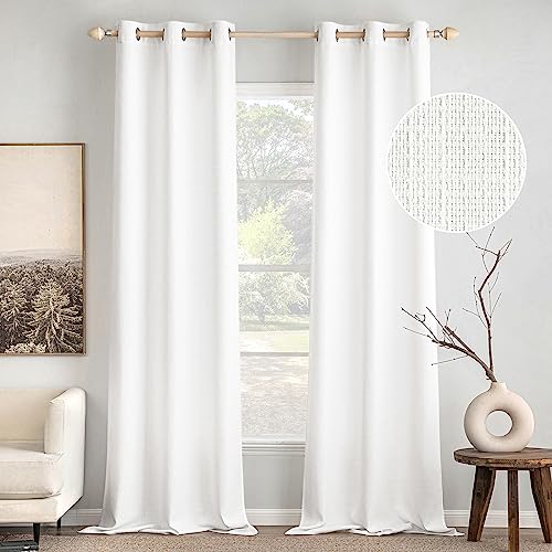 MIULEE White Faux Linen Textured Curtains 96 Inch Length 2 Panels Set for Living Room Bedroom Privacy Casual Weave Farmhouse Burlap Semi Sheer Grommet Top Light Filtering Window Drapes, W37 x L96