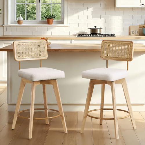 Scingu 26” Natural Rattan Bar Stools, Swivel Solid Wood Counter Stools Set of 2, Upholstered Armless Island Stools with Wooden Legs and Rattan Back for Kitchen Island, White Teddy Fleece