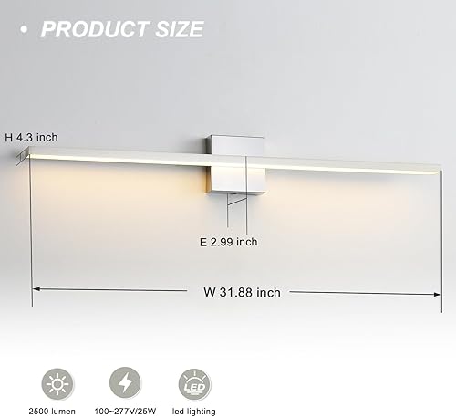 Miniatura 7 de Lámparas de baño sobre espejo, 32 pulgadas níquel cepillado, lámpara LED moderna de pared de 3000 K para baño