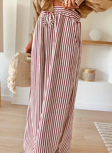 Image of Acelitt Women Casual Drawstring Elastic Waist Striped Wide Leg Pants with Pockets, S-XXL