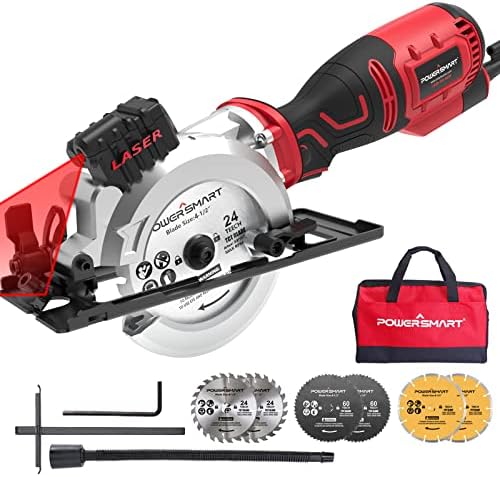 PowerSmart Mini Circular Saw, 5.8 Amp 4-1/2 Inch Electric Circular Saw with Laser Guide and 6 Blades, Ideal for Woods, Tile, Soft Metal and Plastic Cuts