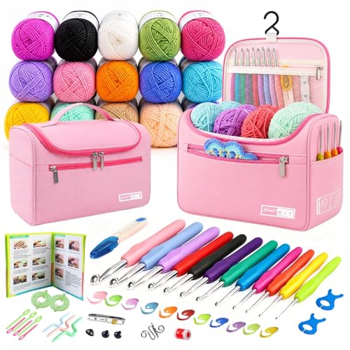Image of Yarniss Complete Crochet Kit for Beginner Adults, All in One Crochet Kit with 1120 Yards Yarn, 12 Ergonomic Crochet Hooks, Step by Step Video Tutorial, Pink