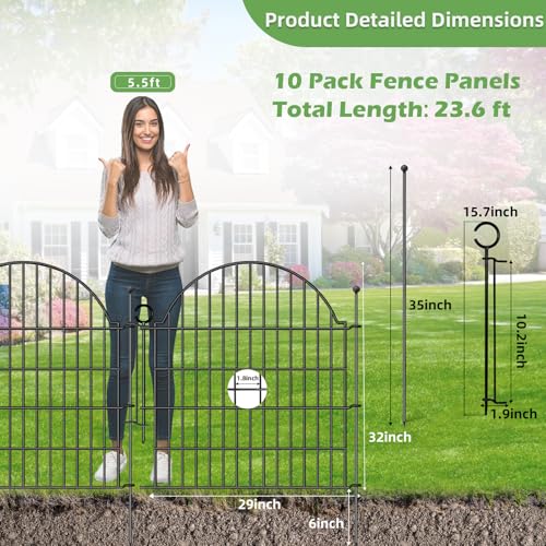 Decorative Metal Garden Fence with Gate Lock 10 Panels, 32in (H) x 23.6ft (L) No Dig Dog Fence Outdoor for Yard, Temporary Rustproof Metal Wire Rabbit Dog Garden Border Fencing for Patio