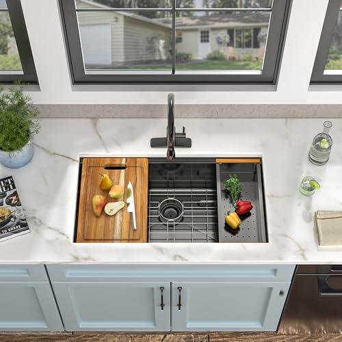 Image of 33 Undermount Kitchen Sink Black - Fulorni 33 inchx19 inch Kitchen Sink Ledge Workstation Gunmetal Black NANO-PVD 16 Gauge 304 Stainless Steel Under Counter Single Bowl Basin