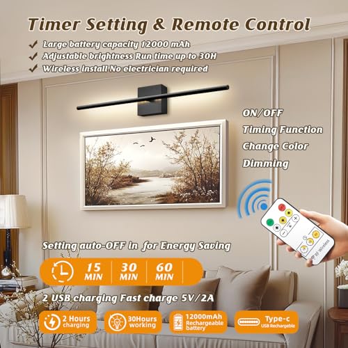 Image of 12000mAh Battery Operated Wall Sconces with Remote Control,31.5 Inch Rechargeable Wall Sconce Set of 2, 350 Rotate Dimmable LED Wall Lights, 3000-6000K, for Living Room，Bedroom, Hallway