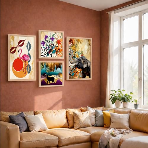 Image of NoWorries Wall Decor Framed painting Set of 4 | Abstract Animal Art Prints with frames | Elephant Flamingo Botanical Wall Artwork | Modern Home Decor Gallery Wall Frames