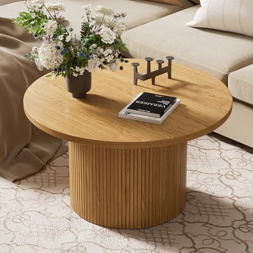 Image of Furniway Round Coffee Table, 35.4 inch Circle Wide Coffee Table, Wood Table and Center Table for Living Room, Natural