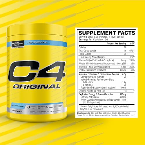 Image of C4 Original Pre Workout - Pre-Workout for Endurance, Focus & Performance with 200mg Caffeine, Beta-Alanine, Creatine Nitrate, L-Arginine & PeptiPump - Sugar Free, 50 Servings, ICY Blue Razz