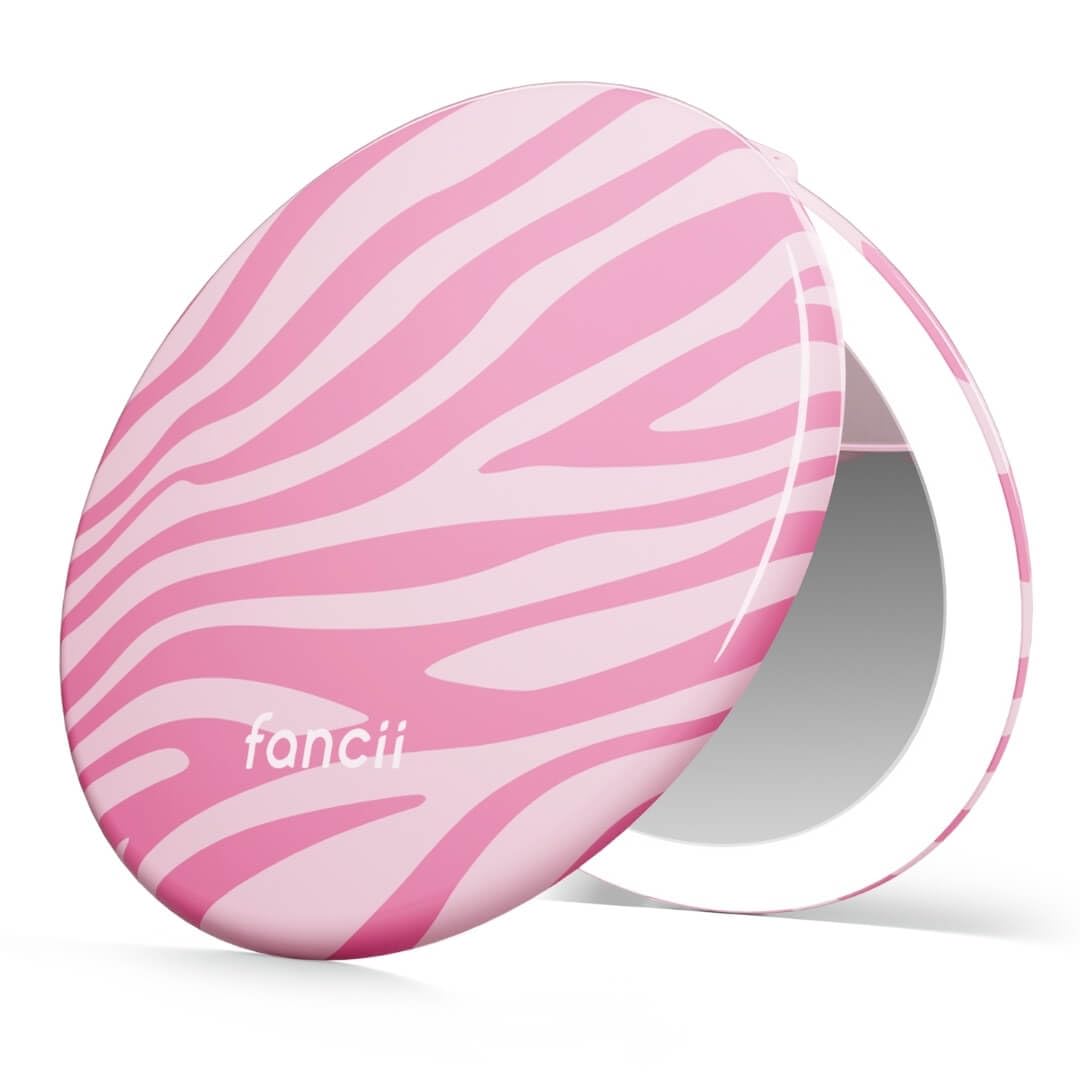 Fancii Taylor LED Lighted Travel Makeup Mirror, Rechargeable, 10x /1x Magnifying, Tru-Glow Lighting System, XL Large 5” Wide | Compact Mirror for Purses (Blush Zebra)