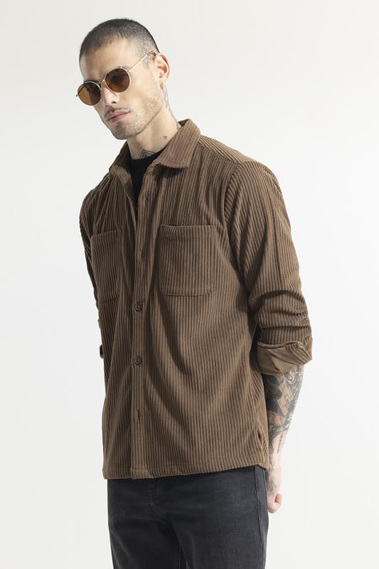 Image of SNITCH Men's Textured| Self-Design Shirts | Casual Wear| College Wear Streetwear Style | Polyester Spread Full Sleeve Relaxed Fit Brown
