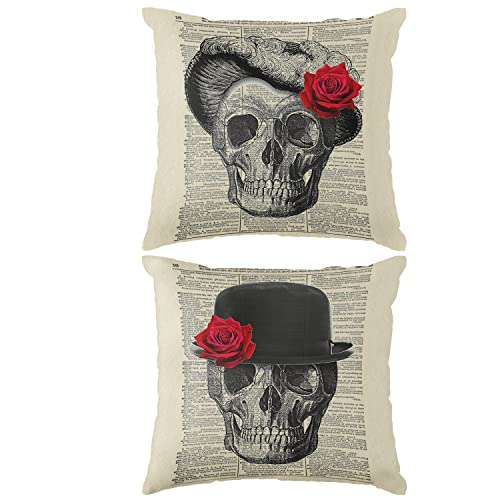 Skull Couples Gothic Decorative Set Of 2 Throw Pillow Case, 18 X 18 Inch Gothic Theme Decorations Home Decor Cushion Cover, Skull Lover Gift, Long Distance Relationship Gifts, Gift Husband #TOP23
