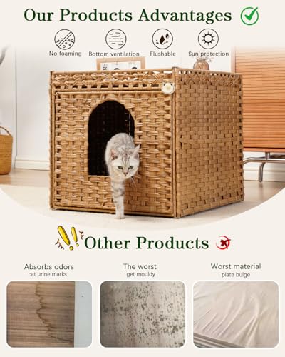 Image of SETVSON Cat Litter Box Enclosure Furniture, Large PE Rattan Cabinet,Natural | Large PE Rattan Kitty House fits Large Litter Boxes, Included Litter Mat, 2 S-Hooks, Metal Frame, 21.6x26x21.6 In Cat Cabinet