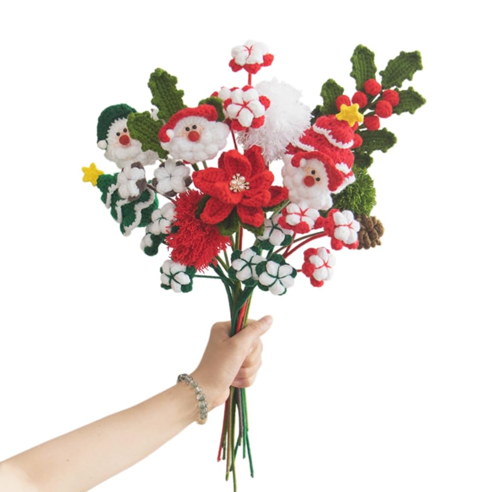 Bouquet de fleurs de Noël fait à la main en laine tricotée - Arrangement floral artificiel - Décoration de table de Noël - Cadeau unique fabriqué à la main pour la famille et les amis