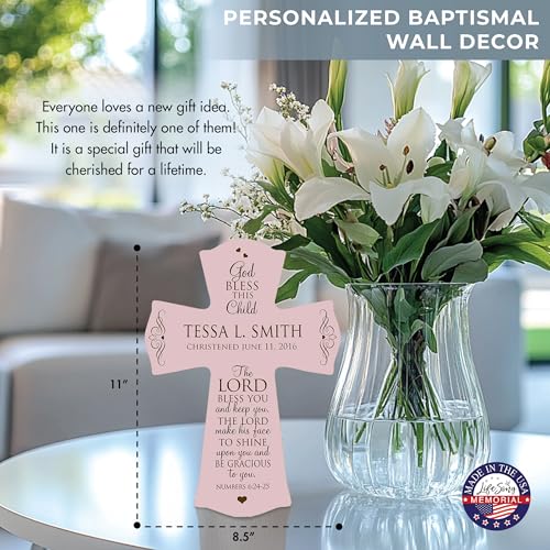 Image of LifeSong Milestones Personalized Baptism 1st Holy Communion Christening Wall Cross Decoration God Bless This Child the Lord Bless You and Keeps You (8.5 inch x 11 inch, Pink)