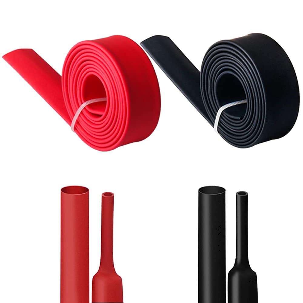 PONFY Dual Wall Heat Shrink Tubing 3:1 Ratio Heat Activated Adhesive Glue Lined Marine Shrink Tube Wire Sleeving Wrap Protector Black and Red, 2 Pack, 1.2M/4FT (Dia 19.05mm (3/4"))