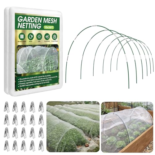 Garden Netting Kit for Raised Beds, 10x30FT Ultra Fine Mesh Netting＆ 6 Sets of 8FT Fiberglass Garden Hoops, Row Cover Insect Netting for Vegetable Plant Fruit Flowers Protection