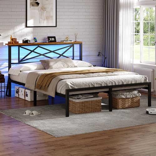 DICTAC Double Bed Frame with LED Lights, Double Bed Frame with Storage, 135x190cm Double Bed with Charging Station, Silent Sturdy 4FT6 Double Metal Bedframe, No Box Spring, Easy Assembly