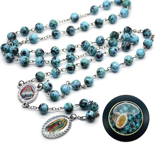 Rosário Seven Sorrows de 6 mm, rosário azul olho de gato, terços da Virgem Maria Católica com caixa ...
