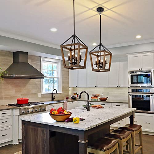 Linsly Rustic Chandelier,4-Light Farmhouse Chandelier,Imitation Oak Wood Farmhouse Pendant Light Fixture, Adjustable Vintage Iron Lantern Chandelier For Dining Room,Entryway,Kitchen Island #TOP1