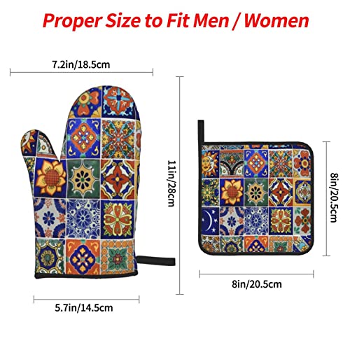 Hippie Talavera Mexican Tiles Indian Oven Mitts And Pot Holders Set Of 4, Oven Mittens And Potholders Heat Resistant Gloves For Kitchen Cooking Baking Grilling Bbq #TOP4