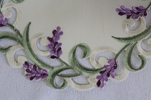 Doily Boutique Tablecloth Or Table Topper Square Embroidered With Purple Lavender Lilac Flowers On Antique White Material Size 34 Inches Square #TOP3