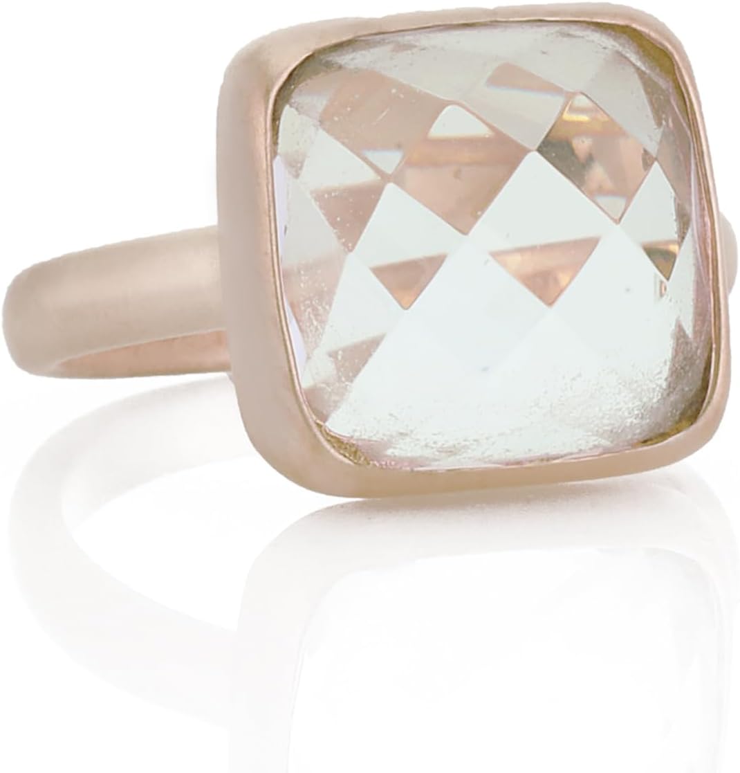 18k Gold Crystal Quartz Ring - Square Faceted Gemstone Design - Handmade Gold Bezel Jewelry - Elegant Stackable Ring