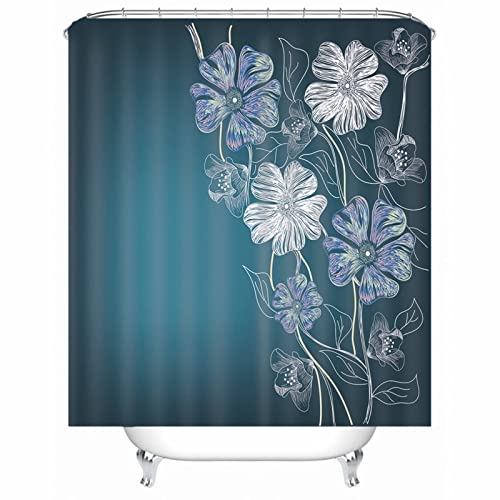 Skcess Duschvorhang 120x180, Polyester Duschvorhang Indigo Blau Duschvorhang Wasserdicht Blumen Duschvorhang Antischimmel