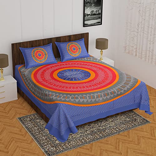 Image of RajasthaniKart Pure 100% Cotton Double Bed Sheet with 2 Pillow Covers (Bedsheet for Double Bed Cotton, Blue, Bhandej)