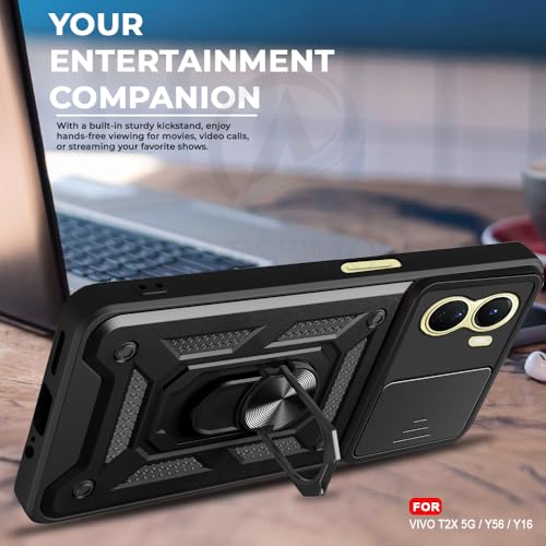 Image of AESTMO Polycarbonate Tough Armor Vivo T2X 5G /Y56 5G /Y16 Bumper Back Case Cover|Ring Holder&Sliding Camera Shield Cover|360 Degree Protection Back Case Cover for Vivo T2X 5G /Y56 5G /Y16(Black)