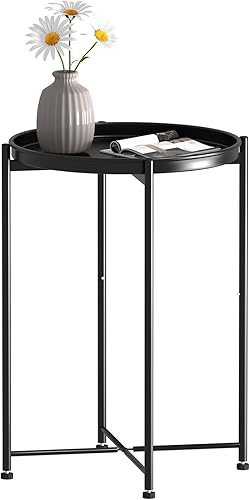 Miniatura 7 de Garden 4 you Mesa auxiliar pequeña, mesa auxiliar redonda, mesa de bandeja con marco de metal, mesita de noche moderna para sala de estar,
