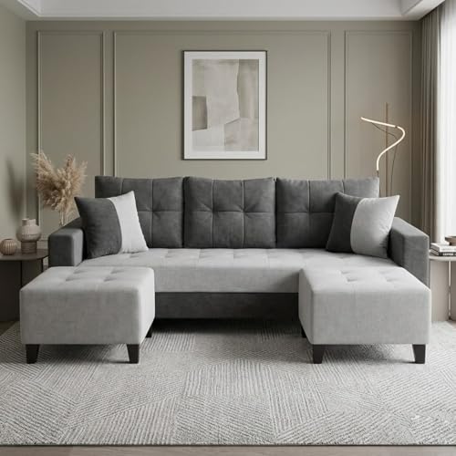 Image of SLEEPIFY Harlon Velvet-Suede Fabric 3 Seater Sofa Set with 2 Ottoman (Dark Gray - Light Gray) | Comfortable & Spacious Seating | Modern Sofa Set for Living Room | Soft Touch Upholstery