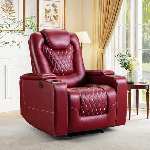 ANJ Power Recliner Chair with USB Ports and Cup Holders - Overstuffed Electric Home Theater Seating PU Leather Reclining Furniture with Hidden Arm Storage, Easy to Clean (Red)