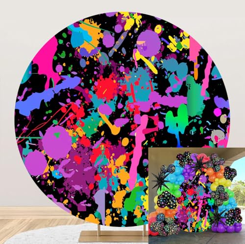 Laeacco 6x6ft Paint Splatter Round Backdrop Colorful Painting Neon Graffiti Circle Backdrop Cover Retro Hip Pop Photo Background for Music Art Birthday Party Portrait Video Photo Booth Props