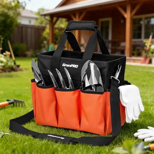 Garden Tool Bag Organizer, Heavy Duty Gardening Tote Toolbox with 10 Pockets, Adjustable Shoulder Strap, Standable & Foldable for Tool Storage, Home Garden Kit, Orange (Tools Not Included) - Thumbnail 3