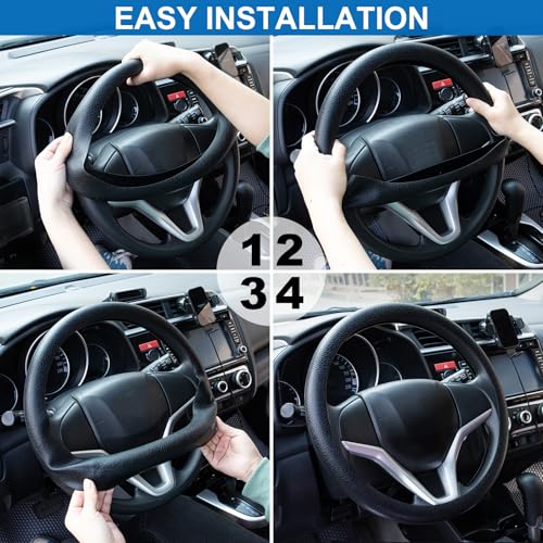Spurtar Car Steering Wheel Cover for Women Men Car Accessories, Silicone Anti-Slip Thin Steering Wheel Protector, Black Soft Leather Texture Interior Vehicle Accessories, Fit Most Autos