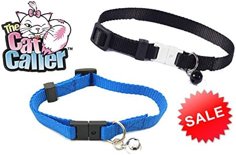 The Cat Caller" Pet Locator Adjustable Break-Away Safety Collar Double Pack Sale 1/2" Durable No-Snag Nylon with Bell. Blue & Black