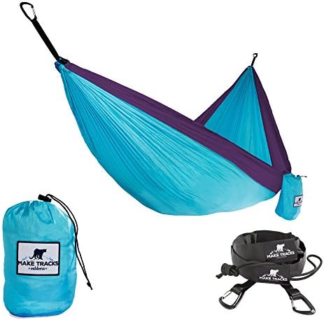 Make Tracks Outdoors Hammock by, Double Parachute Camping Hammock with 2 Aluminum Carabiners & 2 Tree Friendly Durable Straps, Ripstop Nylon Parachute Material, Set Up in Seconds