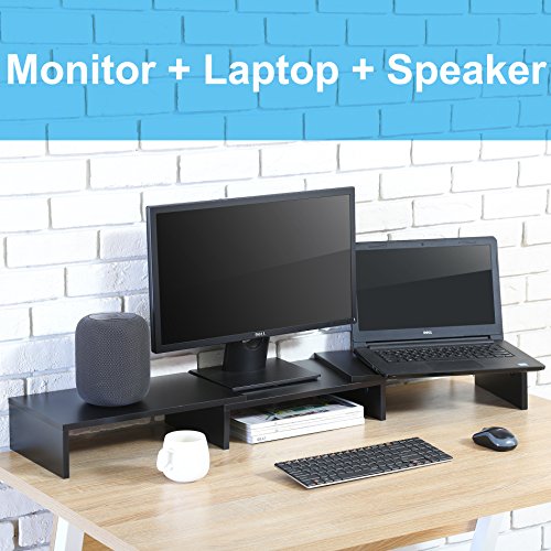 FITUEYES Dual Supporto per Monitor in Legno Girevole Lunghezza Regolabile Supporto per PC Schermo e Computer Portatile Nero 92.5-108x23.5x10.2cm DT108001WB
