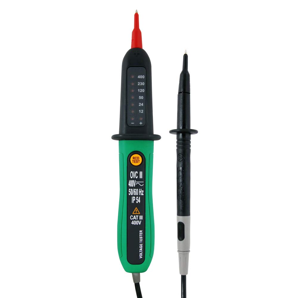 KPS-DT220 Detector de tensión y prueba de diferenciales, tensión 12V-400V, polaridad, RCD (Dispositivo de Corriente Residual) e indicador LED, IP54