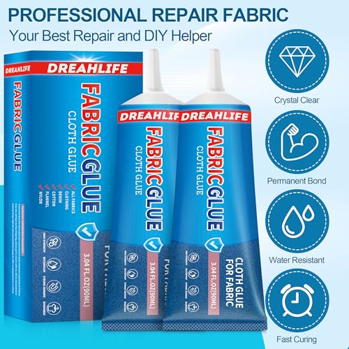 2 Pack 90 ML Fabric Glue for Clothing Permanent Washable, Glue Permanent for All Fabric, Cotton, Flannel, Linen, Denim, Leather, Polyester, Doll Repair, Patches