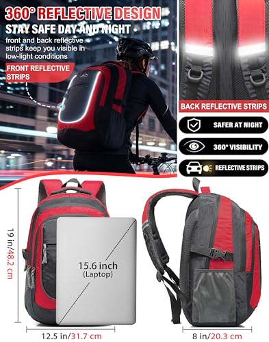 Image of ProEtrade Backpack Bookbag for College Sturdy Travel Business Hiking Fit Laptop Up to 15.6 Inch Multi Compartment Gifts for Men Women Night Light Reflective (red)