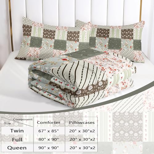 Image of AILONEN Green Brown Patchwork Comforter Set Full Size, Plaid Floral Striped Bedding with 2 Pillowcases for Girls Women 3Pcs