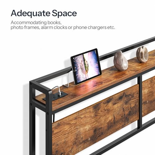 Image of HOOBRO Headboard Full Size, Headboard with 2 Outlets and 4 USB Ports, Adjustable Height, Storage Rack, Sturdy and Stable, Easy Assembly, Rustic Brown and Black