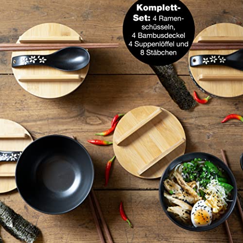 Moritz & Moritz 4x Ramen Schüssel Keramik - 600 ml - 15 cm Ø - Schwarzes Ramen Bowl Set für 4 Personen - Für Suppe, Pho und Sushi Bowl - Inkl. Stäbchen, Deckel und Löffel 3