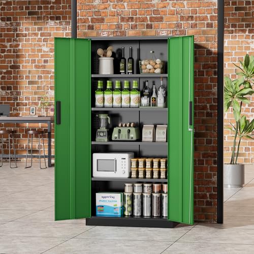 Image of Greenvelly Metal Storage Cabinet, 72 inch Locking Metal Garage Storage Cabinet with Doors and 4 Adjustable Shelves, Lockable Steel Cabinet for Home Office, Garage, Shop, School (Green 32 inch W x 16 inch D)