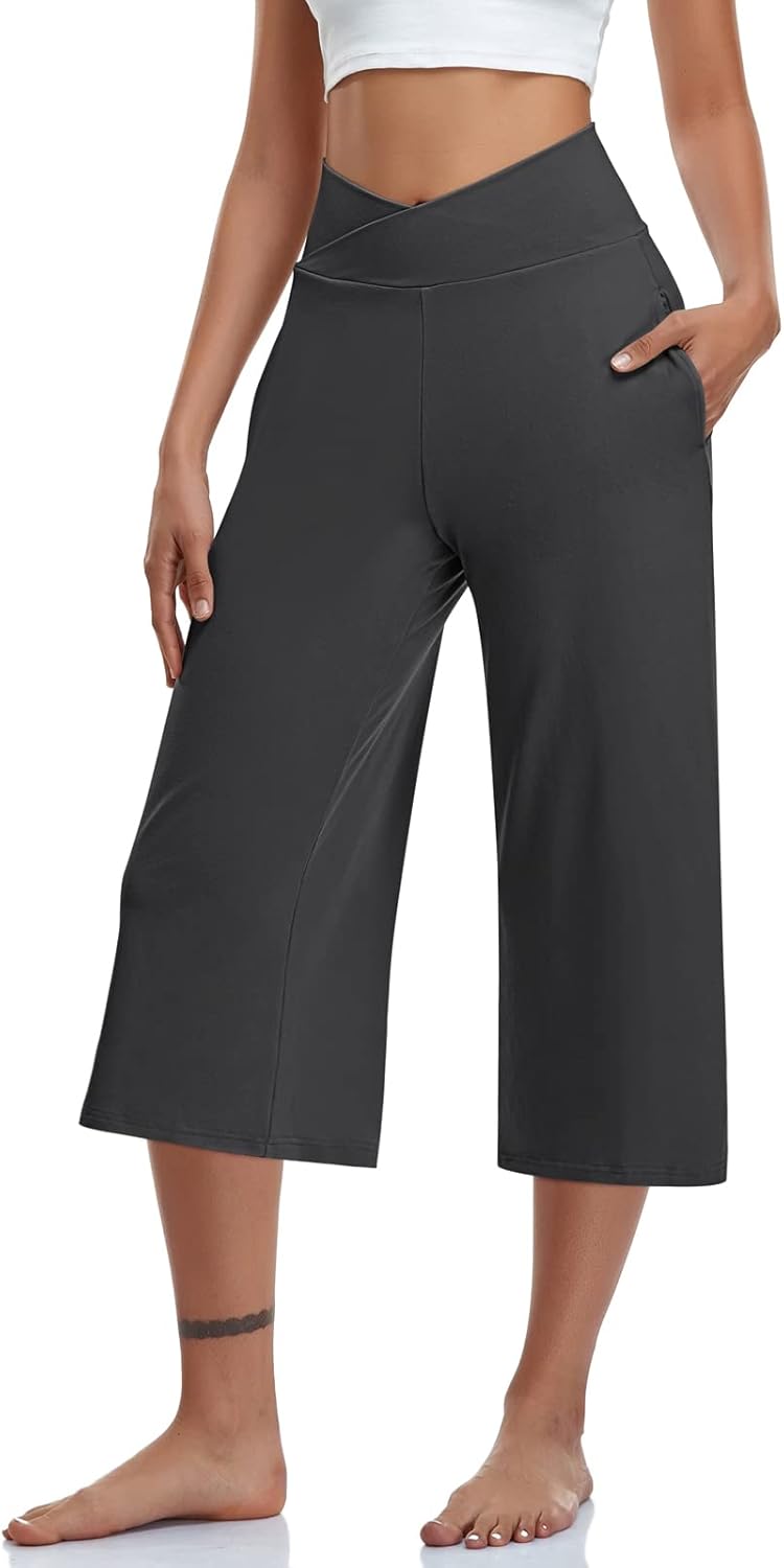 TARSE Womens Casual Wide Leg Yoga Capris Crossover High Waist Capri Pants Loose Soft Pajama Pockets Sweatpants - Image 2