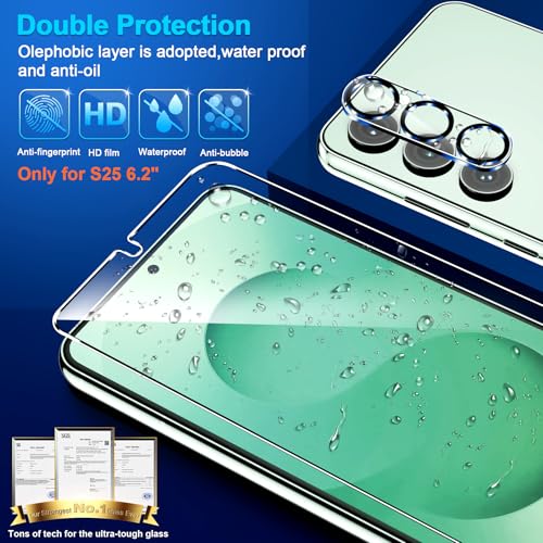 Image of 3 Pack for Samsung Galaxy S25 Screen Protector Tempered Glass + 3 Pack Camera Lens Protector, Military Grade Shatterproof, 9H Hardness, Fingerprint Unlock, Case Friendly 6.2 Inch