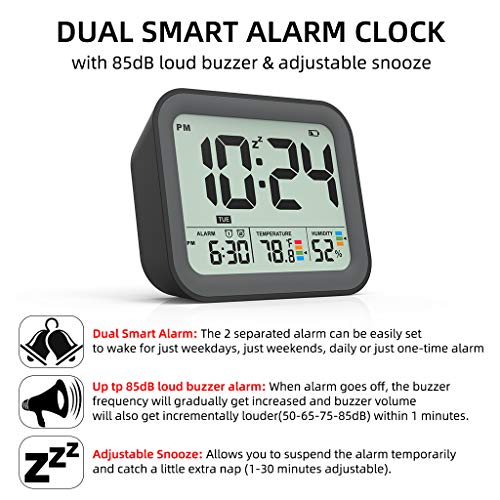 Battery Operated Digital Alarm Clock, Dual Smart Alarm with Workdays/Weekends Setting, Loud Alarm, Snooze, Small Travel Clock with Indoor Thermometer/Hygrometer, Dimmable LED Backlight, Handheld Size - Thumbnail 4